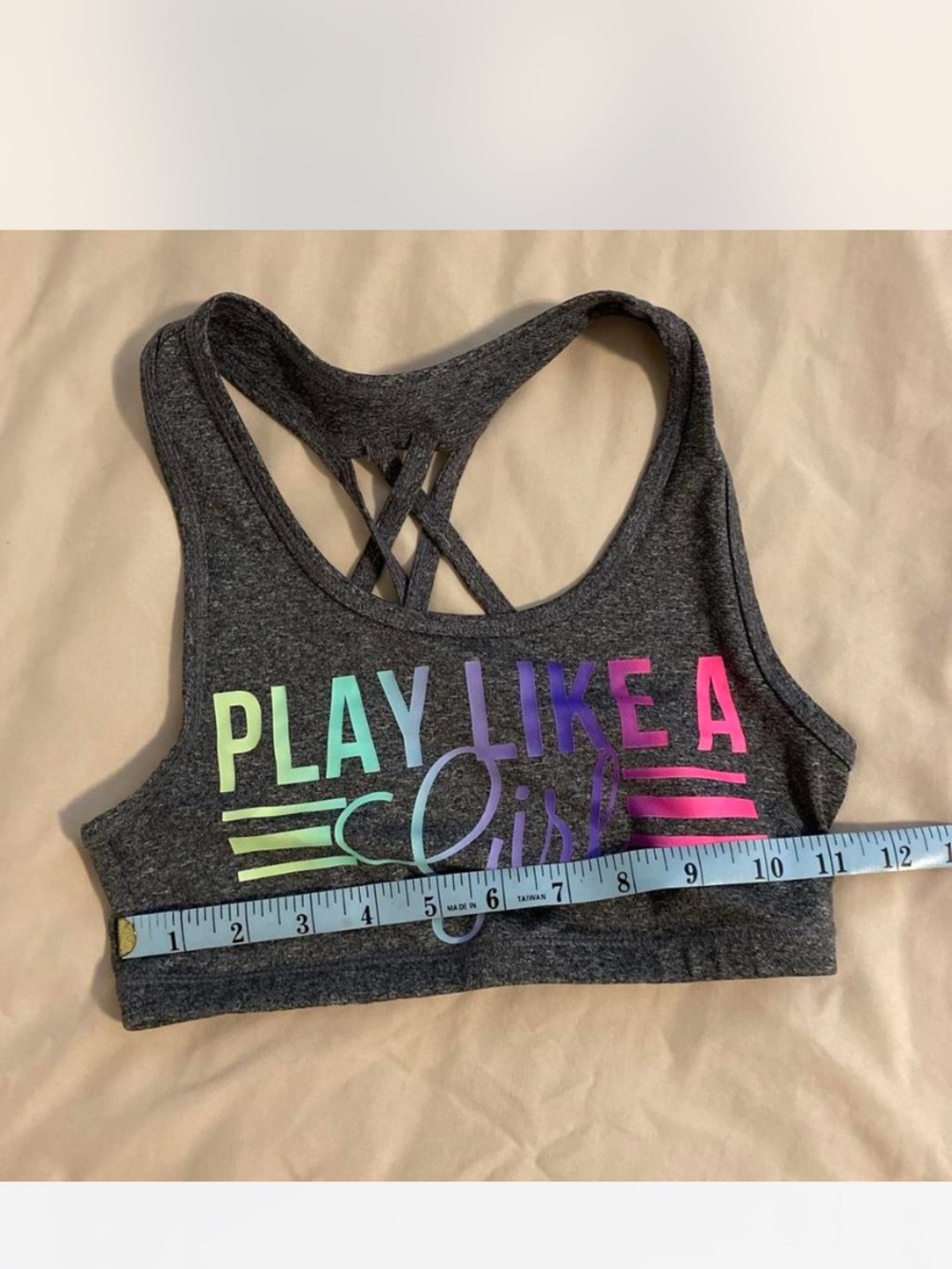 Ideology Kids Gray Sports Bra with Rainbow 'Play Like A Girl’ Graphic Sz S